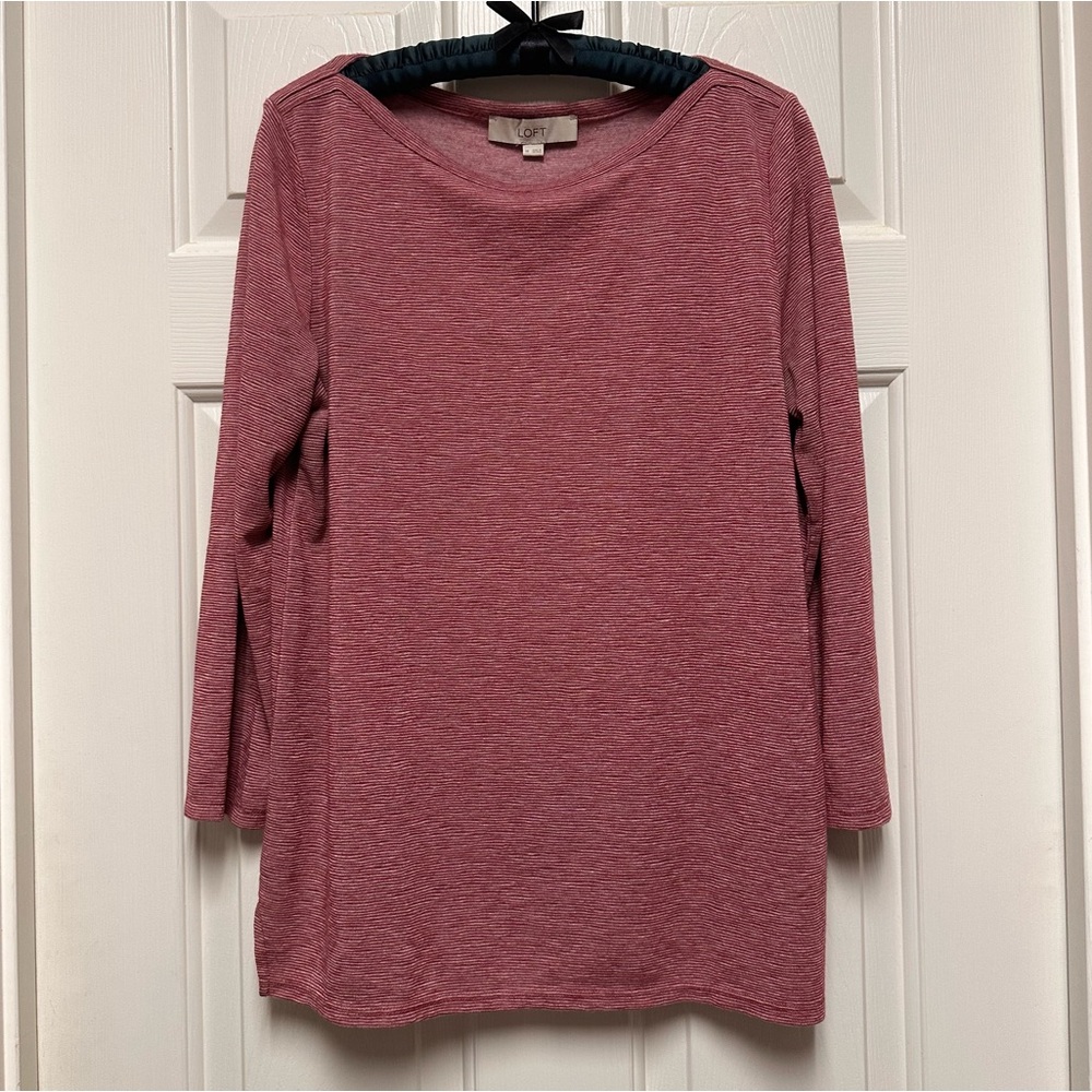 LOFT Heathered Red/White striped Knit Top 3/4 sleeves Size M